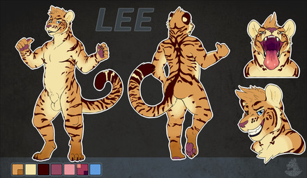 animal_genitalia anthro balls color_swatch genitals looking_at_viewer male open_mouth paws plantigrade sheath smile solo nolow lee_(laser.cat) felid mammal pantherine tiger 2017 hi_res model_sheet