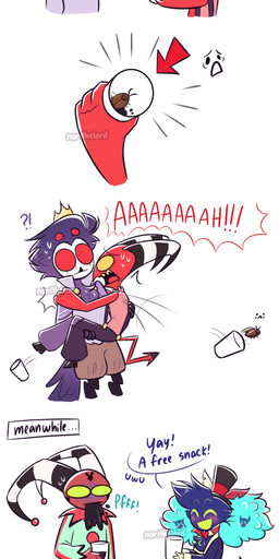 4_fingers 5_panel_comic anthro beak beverage black_body black_clothing black_feathers black_hair black_liquid black_shirt black_t-shirt black_topwear blue_body blue_clothing blue_feathers blue_shirt blue_topwear blush bodily_fluids bottomwear bow_tie brown_bottomwear brown_clothing brown_shorts clothing clown_costume container crown cup dialogue empty_eyes eyes_closed eyewear feather_hair feathers female fingers food forehead_tattoo fruit glasses green_onesie group hair happy hat headgear headwear holding_container holding_cup holding_knife holding_object holidays horn in_arms knife lemon lemonade male onesie pink_clothing pink_shirt pink_topwear plant pseudo_hair purple_clothing purple_shirt purple_topwear red_body red_bottomwear red_clothing red_eyes red_shorts red_skin screaming shirt shorts simple_background sleeveless_shirt small_hands spade_tail spit-take striped_horn stripes suspenders sweat t-shirt tail tail_feathers text top_hat topwear uwu vest wearing_glasses white_background white_clothing white_face white_hair white_shirt white_topwear yellow_sclera young norithelord halloween hellaverse helluva_boss asmodeus_(helluva_boss) blitzo_(helluva_boss) fizzarolli_(helluva_boss) millie_(helluva_boss) moxxie_(helluva_boss) stolas_(helluva_boss) arthropod avian avian_demon bird blattodean cockroach demon galliform humanoid imp insect owl owl_demon phasianid 2022 absurd_res artist_name comic english_text hi_res watermark