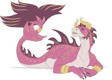 brown_body cheek_frill dorsal_frill facial_markings frill_(anatomy) head_markings horn lying male markings narrowed_eyes on_front open_mouth pink_body pink_tail purple_frill ribs sharp_teeth simple_background solo tail tail_frill teeth unsigned white_background yellow_horn yellow_markings swampjaws mythology dragon mythological_creature mythological_scalie scalie