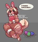 anthro anus balls bunny_costume butt clothing costume egg egg_insertion fake_ears fake_rabbit_ears femboy genitals male pawpads paws solo text emi_05_owo emi_05 canid canine canis domestic_dog mammal shiba_inu spitz absurd_res hi_res spanish_text