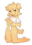 anthro clothed clothing dripping_slime female heart_symbol kemono looking_at_viewer measuring_penetration_depth raised_clothing raised_shirt raised_topwear ruler shirt simple_background sitting slime solo tail topwear translucent white_background yellow_slime crayon_(artist) canid canine canis domestic_dog goo_creature hybrid mammal hi_res