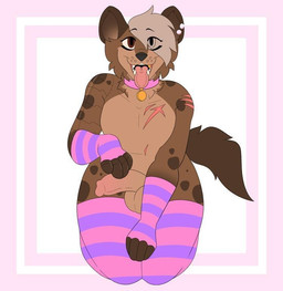 anthro armwear balls brown_body brown_eyes brown_fur clothing collar cybernetic_arm cybernetic_limb ear_markings femboy fluffy fluffy_tail fur genitals gold_(metal) gold_tooth humanoid_genitalia humanoid_penis legwear male markings mechanical_arm neck_tuft penis scar scared solo tail tan_body tan_fur thigh_highs tongue tongue_out tuft hoodied ashton_kohler hyena mammal spotted_hyena