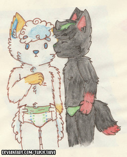 abdl anthro black_body black_fur blue_eyes clothed clothing diaper duo fur kissing_cheek male male/male orange_ears orange_paws red_paws talvis_boyfriend text underwear wearing_diaper white_body white_fur thisistalvi nintendo pokemon talvi alolan_form alolan_vulpix canid canine canis generation_7_pokemon mammal pokemon_(species) regional_form_(pokemon) wolf url