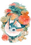 ambiguous_gender blue_body cheek_fins fin flower frill_(anatomy) head_fin neck_frill partially_submerged plant simple_background water water_lily ohrcn nintendo pokemon eeveelution generation_1_pokemon pokemon_(species) vaporeon 2022 hi_res restricted_palette