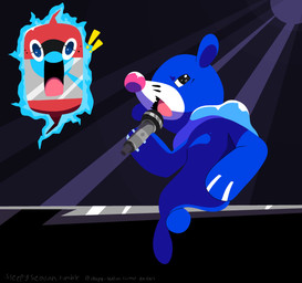 ambiguous_gender black_eyes blue_body blue_eyes duo electricity electronics exclamation_point fangs feral holding_object microphone narrowed_eyes open_mouth singing tail teeth tongue sleepy_sealion nintendo pokemon generation_4_pokemon generation_7_pokemon pokemon_(species) popplio rotom 2025 absurd_res dated hi_res signature