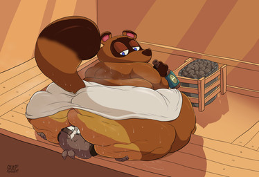 alcohol anthro beverage big_butt blue_eyes blush bodily_fluids brown_body brown_fur butt butt_smother cellulite duo face_in_ass facesitting fur grey_eyes huge_butt looking_at_another looking_at_partner looking_back looking_back_at_another looking_back_at_partner male male/male overweight overweight_male sauna sitting sitting_on_another smothering steam stinkface sweat sweaty_butt towel gulpspooky animal_crossing nintendo digby_(animal_crossing) tom_nook_(animal_crossing) canid canine canis domestic_dog mammal raccoon_dog shih_tzu tanuki toy_dog 2024 hi_res