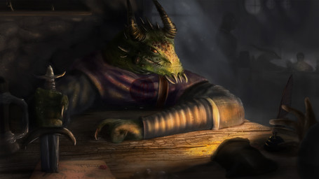 5_fingers ambiguous_gender anthro clothed clothing dagger day fingers green_body green_skin group holding_object holding_weapon horn inside melee_weapon solo weapon themefinland mythology dragon mythological_creature mythological_scalie scalie absurd_res hi_res