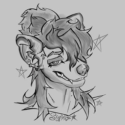 anthro bared_teeth ear_piercing eyebrow_slit eyebrows eyeliner female hair long_hair makeup narrowed_eyes piercing ponytail simple_background smile smiling_at_viewer smirk smirking_at_viewer solo star syphiz_the_yeen teeth syphizyeen hyena mammal 1:1 greyscale hi_res monochrome shaded