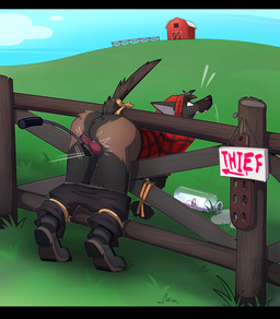anthro backsack ball_spanking ballbusting balls barn bdsm beanie black_bars blue_sky bodily_fluids bondage boots bottle bottomwear bottomwear_down bound brown_body brown_fur butt butt_slap clothed clothing cloud cock_and_ball_torture container corporal_punishment exposed farm fence fist footwear fur furgonomics genital_torture genitals grass hands_tied hat headgear headwear humiliation legs_tied male milk_bottle milk_container motion_lines outside paddle pain pants pants_down partially_clothed pattern_clothing pattern_shirt pattern_topwear plaid plaid_clothing plant public public_humiliation punishment raised_tail rear_view reddened_scrotum restrained_arms restrained_legs restrained_tail restraints riding_crop rope rope_bondage shirt shoes sign sky slap solo spanking spilled_drink spilled_milk surprised tail tail_tied teeth text thief three-quarter_view topwear underwear underwear_down whip wide_eyed yelling yiffy1234 dodger_(hoofnholler) canid canine canis domestic_dog herding_dog malinois_dog mammal pastoral_dog sheepdog english_text hi_res