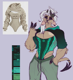 abs accessory ambiguous_gender anthro arm_tuft bedroom_eyes big_muscles big_pecs black_markings bottomwear breasts cheek_tuft chest_tuft claws cleavage cleavage_cutout clothed clothing cropped_hoodie cutout cyberpunk cyberpunk_clothes ear_piercing ear_ring elbow_tuft eyebrows eyelashes facial_hair facial_piercing facial_tuft fingers floppy_ears fluffy fluffy_chest fur gesture goatee green_eyes hair half-closed_eyes hand_gesture hand_in_pocket hip_cutout hoodie horn horn_jewelry huge_pecs jacket jewelry legwear leotard leotard_under_clothing lip_piercing long_hair looking_at_viewer markings mullet multicolored_body muscular muscular_anthro narrowed_eyes nose_piercing pants pecs piercing pockets ring_piercing seductive septum_piercing shirt simple_background smile snakebite_piercing solo spade_tail standing sweatpants tail tan_body tan_fur text thick_thighs tired topwear tuft v_sign white_hair monsters_and_mutants bovid caprine caprine_demon demon goat goat_demon mammal absurd_res digital_media_(artwork) english_text hi_res andromorph_(lore) nonbinary_(lore)