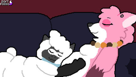3_tails abdominal_bulge ambiguous_gender ambiguous_prey anthro anthro_pred anthro_prey beaded_jewelry beaded_necklace beads belly belly_rub big_belly black_body breasts cotton_tail dipstick_tail duo ear_piercing eyes_closed featureless_breasts female female_pred fur furniture gloves_(marking) half-closed_eyes hand_on_belly hand_on_head headpat huge_belly jewelry kiss_on_forehead kissing leg_markings lying lying_on_another lying_on_sofa markings medium_breasts multi_tail narrowed_eyes necklace obese obese_anthro obese_female on_back on_side on_sofa open_mouth oral_vore overweight overweight_anthro overweight_female piercing pink_body pink_fur sharp_teeth smile socks_(marking) sofa tail tail_markings teeth text vore white_body white_fur white_wool wool_(fur) softfoxxo bovid canid canine canis caprine mammal sheep wolf 16:9 2d_animation animated artist_name digital_media_(artwork) pixel_(artwork) pixel_animation widescreen