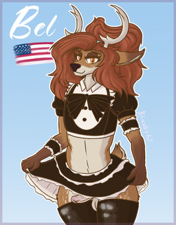 5_fingers american_flag anthro antlers balls black_nose bottomwear brown_body brown_hair clothed clothing clothing_lift crossdressing eyelashes fingers front_view genitals gloves_(marking) hair horn long_hair looking_at_viewer maid_uniform male markings orange_eyes outline penis simple_background skirt skirt_lift small_tail smile solo spots tail tan_body uniform united_states_of_america white_body blankyart bel_(blankyart) deer mammal 2025 digital_media_(artwork) hi_res signature
