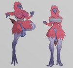 4_toes abs anthro big_breasts biped bottomwear breasts casual_exposure clothing feathers feet female grey_background grey_body grey_scales loincloth nipples open_mouth red_body red_feathers scales simple_background solo toes under_boob wide_hips wingless_avian audunor avian bird 2019 digital_media_(artwork)