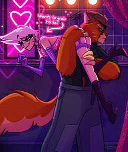 accessory alternate_species angry anthro armwear carrying_another choker clothing corset dominant dominant_male elbow_gloves femboy garter garter_straps gloves hair handwear humanized jewelry lingerie makeup male muscular muscular_male necklace pink_corset shoulder_carry topwear triona-tribble hazbin_hotel hellaverse lackadaisy angel_dust viktor_vasko domestic_cat felid feline felis human mammal hi_res