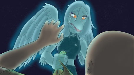 anthro bald biped black_bottomwear black_clothing black_crop_top black_pants black_shirt black_topwear bodily_fluids bottomwear breasts choker clothed clothed_anthro clothed_female clothed_human clothed_male clothing cosmic_background crop_top crying duo elbow_feathers eyebrows feathered_wings feathers female fingers green_clothing green_shirt green_topwear grey_body grey_feathers grey_hair hair humanoid_hands jewelry long_hair looking_at_another looking_down low-angle_view male male/female medium_breasts midriff necklace non-mammal_breasts orange_eyes outside pants raised_inner_eyebrows shirt shirt_grab star starry_background tears topwear translucent translucent_body wings areloch cavemanon_studios goodbye_volcano_high ko_op_(game_developer) snoot_game anon_(snoot_game) fang_(gvh) ghost human mammal prehistoric_species pterodactylus pterosaur reptile scalie spirit 16:9 colored hi_res widescreen