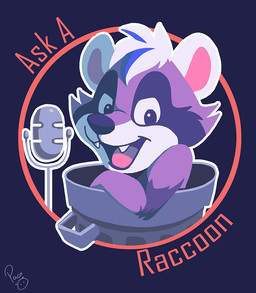 anthro electronics fangs fur glistening glistening_eyes hair logo looking_at_viewer male microphone open_mouth open_smile purple_body purple_fur short_hair simple_background smile solo teeth trash_can white_body white_fur white_hair young young_anthro young_male pandapaco mammal procyonid raccoon 2020 artist_logo signature