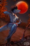 abs anthro black_nipples blood_moon blue_body blue_scales breasts claws feet female full_moon glistening glistening_body glowing glowing_eyes green_eyes moon muscular muscular_anthro muscular_female night nipples nude outdoor_nudity outside scales solo talons toes beetleinabottle iris_(ben300) dinosaur dromaeosaurid prehistoric_species reptile scalie theropod werecreature weredinosaur werereptile werescalie hi_res