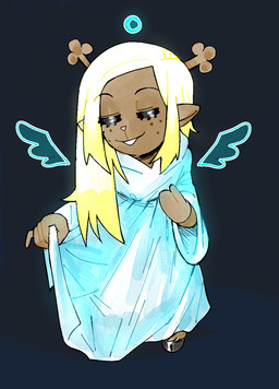 anthro blonde_hair buckteeth clothing dress eyes_closed fake_wings feathered_wings feathers female freckled_face freckles hair hand_on_own_chest holding_clothing holding_dress holding_object hooves leaning leaning_forward long_sleeves simple_background smile teeth white_clothing wings rexuranus deltarune undertale_(series) noelle_holiday deer mammal hi_res