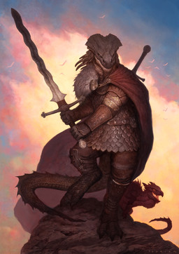 ambiguous_gender anthro armor belt cape clothing digitigrade duo feral gloves handwear holding_melee_weapon holding_object holding_sword holding_weapon male melee_weapon on_one_leg pouch_(clothing) scale_armor solo_focus standing sword tail weapon john_tedrick dungeons_and_dragons hasbro mythology wizards_of_the_coast ambient_bird dragon dragonborn_(dnd) mythological_creature mythological_scalie scalie 2019 absurd_res hi_res