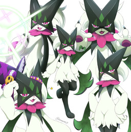 ambiguous_gender anthro cape claws clothing eyebrows fangs fur green_body green_fur hand_on_hip hat headgear headwear leg_tuft looking_at_viewer magician_hat mask multiple_poses nails one_eye_closed open_mouth open_smile pink_body pink_eyes pose pseudo_clothing raised_eyebrow sharp_nails short_tail showing_claws simple_background smile solo sparkles tail teeth thigh_tuft tongue top_hat tuft wink winking_at_viewer hannaee9 nintendo pokemon generation_9_pokemon meowscarada pokemon_(species) 2024 absurd_res digital_drawing_(artwork) digital_media_(artwork) hi_res multiple_scenes
