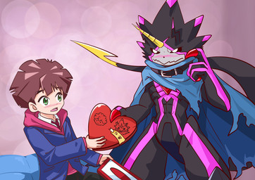 anthro black_body black_sclera blush box_of_chocolates candy chocolate dessert duo embarrassed food heart_box holidays male male/male stinger stinger_tail tail azhouovo bandai_namco digimon digimon_ghost_game valentine's_day hiro_amanokawa digimon_(species) gulusgammamon human mammal scalie absurd_res hi_res