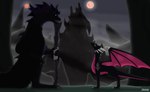 anthro dialogue duo female feral fog holding_object horn male mountain multi_horn size_difference staff tail two_moons wings zilonking activision mythology spyro_the_dragon cynder fan_character dragon mythological_creature mythological_scalie scalie 2025 comic digital_media_(artwork) hi_res
