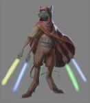 anthro blue_lightsaber canid canine canis cloak clothing cybernetics cyborg domestic_dog green_lightsaber grey_background hood hood_up jedi lightsaber machine male mammal melee_weapon multi_arm multi_limb multi_wielding orion_(nickatorimi) robot simple_background solo star_wars stealthnachos weapon yellow_lightsaber
