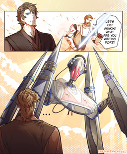 4_legs accessory armor beard clothing dialogue electronics ellipsis eye_contact facial_hair glowing glowing_eyes group hair headphones lightsaber looking_at_another machine male melee_weapon scar size_difference speech_bubble text underwear weapon sketchinventor star_wars anakin_skywalker obi-wan_kenobi human mammal robot vulture_droid absurd_res comic english_text hi_res