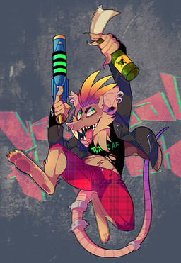 alternative_fashion anthro bodily_fluids bottomwear bracelet brown_body brown_fur buckteeth claws clothing delinquent ear_piercing eyebrows facial_piercing fangs feet fingerless_gloves fur gloves graffiti green_eyes gun hair handwear holding_gun holding_object holding_ranged_weapon holding_weapon jacket jewelry jumping leather leather_clothing leather_jacket leather_topwear looking_up male midair mischievous mischievous_smile mohawk molotov_cocktail nose_piercing nose_ring open_mouth open_smile orange_hair pants pawpads paws piercing punk ranged_weapon rat_tail ring_piercing saliva sharp_teeth shirt smile soles solo spiked_bracelet spikes tail teeth tongue tongue_out tongue_piercing topwear torn_clothing weapon zipper einhornprinz league_of_legends riot_games tencent twitch_(lol) vandal_twitch mammal murid murine rat rodent 2017