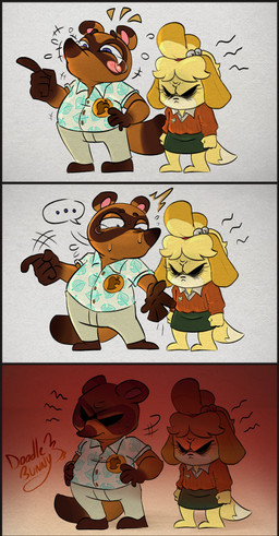 accessory aloha_shirt angry anthro bell belly blue_clothing blue_eyes blush blush_lines bodily_fluids bottomwear brown_body brown_eyebrows brown_fur button_(fastener) clenched_hands clothing collared_shirt crying_laughing disgust dog_tail duo eyebrows female fist fur gesture hair_accessory hand_gesture laugh male no_irises no_shoes pants pattern_clothing pattern_shirt pattern_topwear pointing red_background red_clothing shake shake_lines shirt simple_background skirt standing sweater tan_body tan_clothing tan_fur tanuki_tail tears topwear unbuttoned_shirt white_background white_clothing wrinkled_forehead yellow_body yellow_fur doodlebunnyart animal_crossing nintendo unamused_friend_comic_(meme) isabelle_(animal_crossing) tom_nook_(animal_crossing) canid canine canis domestic_dog humanoid mammal raccoon_dog shih_tzu tanuki toy_dog absurd_res comic hi_res meme signature