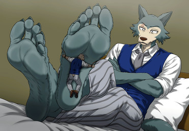 5_toes anthro bed claws clothed clothing duo extreme_size_difference feet foot_fetish foot_focus foot_play furniture humanoid_feet male male/male micro plantigrade size_difference soles stuck_to_foot tied_to_foot toe_claws toes smellslikejavier beastars legoshi_(beastars) riz_(beastars) bear canid canine canis mammal wolf hi_res
