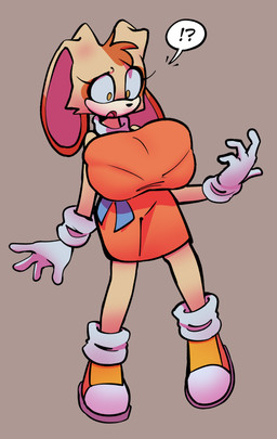 aged_up anthro big_breasts big_ears boots bra_outline breast_expansion breasts clothing dress expansion female footwear gloves handwear huge_breasts interrobang looking_down shoes skinny_female solo speech_bubble standing surprised tan_body top_heavy klacket sega sonic_the_hedgehog_(series) cream_the_rabbit lagomorph leporid mammal rabbit 2025 absurd_res digital_drawing_(artwork) digital_media_(artwork) hi_res shaded