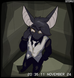 5_fingers :3 adjusting_glasses anthro bird's-eye_view black_body black_bottomwear black_clothing black_footwear black_fur black_pants black_shirt black_shoes black_topwear bottomwear button_(fastener) camera_hud camera_view cctv cheek_tuft clawed_hands claws clothing collared_shirt date detailed_background elevator eyebrow_through_hair eyebrows eyelashes eyewear facial_tuft fingers footwear fur glasses gold_buttons gold_glasses hair hand_in_pocket hand_on_glasses head_tuft high-angle_view humanoid_hands inside looking_at_viewer male markings necktie pants pink_eyes pink_inner_ear pockets scanlines security security_camera shadow shirt smug snout solo standing suit text time timestamp topwear translucent translucent_hair tuft vhs_filter white_clothing white_markings white_necktie white_suit suitedwolfie vhs cain_(suitedwolfie) bat mammal wingless_bat 2025 digital_drawing_(artwork) digital_media_(artwork) english_text hi_res shaded watermark