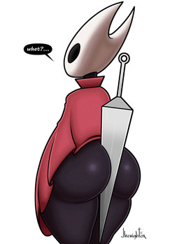 anthro between_buttocks big_butt biped black_body black_speech_bubble butt clothed clothing dialogue ellipsis female glistening glistening_body melee_weapon no_underwear question_mark red_clothing simple_background solo speech_bubble standing talking_to_viewer text thick_thighs three-quarter_view weapon white_background white_text jhenightfox hollow_knight_(franchise) team_cherry hornet_(hollow_knight) arthropod absurd_res english_text hi_res