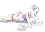 anthro bite clothing drawing ears_up female green_eyes holding_object looking_at_viewer pencil_(object) simple_background solo solo_focus underwear young young_female wolfyalex96 canid canine canis domestic_dog husky mammal nordic_sled_dog spitz
