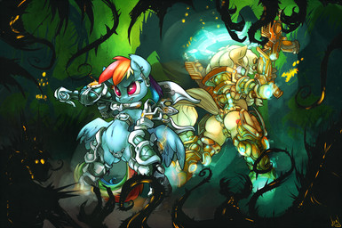 armor axe belly blue_body blue_feathers blue_fur butt cutie_mark duo ear_piercing feathered_wings feathers female feral freckles fur green_eyes gun hair halo melee_weapon multicolored_hair navel orange_body orange_fur piercing purple_eyes rainbow_hair ranged_weapon surrounded unconvincing_armor weapon wings atryl friendship_is_magic hasbro my_little_pony mythology applejack_(mlp) rainbow_dash_(mlp) earth_pony equid equine horse mammal monster mythological_creature mythological_equine pegasus pony 2013 digital_media_(artwork) hi_res