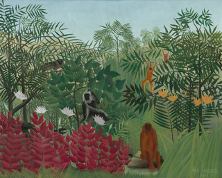 ambiguous_feral ambiguous_gender branch day detailed_background feral fern flower forest forest_background fur grass group jungle leaf nature nature_background on_branch outside plant rock sitting sky tail tree water henri_rousseau public_domain haplorhine mammal monkey primate 1910 20th_century absurd_res ancient_art dated hi_res oil_painting_(artwork) painting_(artwork) signature traditional_media_(artwork) traditional_painting_(artwork)