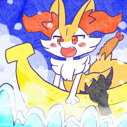 ambiguous_anthro ambiguous_gender anthro banana biped blush blush_stickers cute_fangs fangs food fruit object_in_tail open_mouth open_smile plant riding shrimp_(food) side_view sitting sky smile snout solo tail teeth water what annyui0611 nintendo pokemon braixen canid generation_6_pokemon mammal pokemon_(species) 1:1 2024 digital_drawing_(artwork) digital_media_(artwork) full-length_portrait hi_res japanese_description portrait translated_description