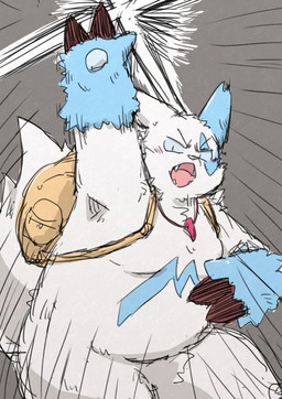 anthro backpack belly biped black_nose blue_body kemono slightly_chubby solo white_body kotadash nintendo pokemon generation_3_pokemon pokemon_(species) shiny_pokemon zangoose 2023