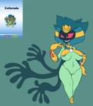 2019 areola big_breasts black_eyes breasts cofagrigus digital_media_(artwork) elfdrago female fusion generation_4_pokemon generation_5_pokemon genitals green_areola green_background green_body grin hi_res humanoid hybrid_pokemon navel nintendo pokemon pokemon_(species) pokemon_fusion pussy red_sclera roserade shadow_face short_stack simple_background smile solo species_name text thick_thighs
