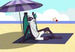 anthro ball beach biped clothing cloud male parasol paws sea seaside sky solo swimming_trunks swimwear turquoise_wings water yellow_eyes granola_roo_kanga nairn bat mammal