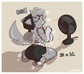 anthro beanie bodily_fluids bottomwear breasts clothed clothing clothing_lift dolphin_shorts electric_fan eyes_closed female fur grey_body grey_fur grey_hair hair hat headgear headwear open_mouth shirt shirt_lift shorts side_boob sitting solo sweat tail topwear zoul_illustration loco_(zoul_illustration) canid canine canis mammal wolf hi_res