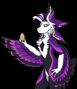 blind confusion disability egg feather_hair feathers hand_on_hip holding_object male mohawk mottled one_ear_up piebald pseudo_hair solo k'braid javenchi_snowquill_(javenchi) avali avian alpha_channel