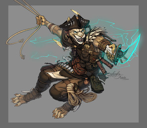 4_toes anthro barefoot biped blue_eyes bone claws clothed clothing dagger digitigrade fangs feathers feet hat headgear headwear hindpaw jewelry kerchief male melee_weapon muscular muscular_anthro muscular_male necklace paws pirate pouches rope skull_accessory skull_necklace smile solo swinging teeth toe_claws toes weapon kahito-slydeft lurelin cougar felid feline mammal artist_collaboration
