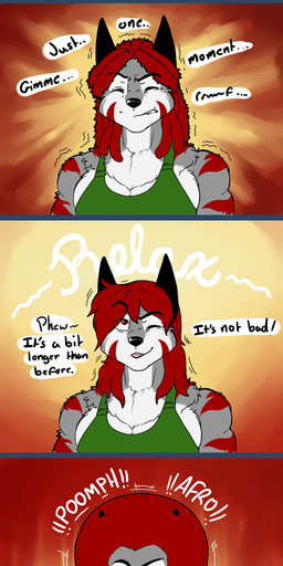 abs afro alternate_hairstyle anthro black_nose clothed clothing dialogue dreadlocks fully_clothed hair humor looking_at_viewer male red_eyes red_hair slightly_chubby solo stripes text daigo tumblr daigo_(character) canid canine canis mammal wolf 2013 bust_portrait digital_media_(artwork) english_text hi_res portrait