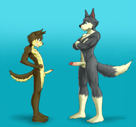 abs age_difference anthro anthro_on_anthro athletic athletic_male balls comparing comparing_penis duo erection foreskin genitals humanoid_genitalia humanoid_penis larger_male male male/male muscular muscular_male muscular_young older_male partially_retracted_foreskin penis penis_envy penis_size_difference retracted_foreskin size_difference smaller_male young young_anthro younger_male sceptile_(artist) canid canine mammal hi_res