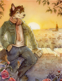 anthro backlighting bottomwear brown_hair cheek_tuft clothed clothing detailed_background facial_tuft fangs flower front_view fur glistening glistening_eyes green_clothing green_jacket green_topwear grey_eyes hair jacket light looking_at_viewer male pants plant red_flower rose_(flower) short_hair sitting smile solo sunset tan_body tan_fur teeth topwear tuft white_clothing white_topwear akatan_art canid canine canis domestic_dog mammal hi_res lighting traditional_media_(artwork)
