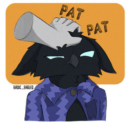 5_fingers ambiguous_anthro ambiguous_gender anthro beak beak_closed big_ears black_beak black_body black_fur blue_eyes clothed clothed_ambiguous clothed_anthro clothing disembodied_hand duo ears_down empty_eyes feathers fingers floppy_ears front_view fur half-closed_eyes headpat mouth_closed narrowed_eyes open_clothing open_topwear pajamas pajamas_only pattern_clothing pattern_pajamas pattern_topwear pivoted_ears purple_clothing purple_pajamas purple_topwear semi-anthro simple_background sleepwear solo_focus text topwear basic_eagles_(artist) deadlock_(game) mythology valve rem_(deadlock) avian bird chimera dream_creature gryphon mythological_avian mythological_creature owl 2026 english_text
