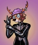 adjusting_clothing anthro beanie bodysuit clothing eyewear glasses gradient_background hat headgear headwear latex latex_clothing latex_skinsuit looking_at_viewer simple_background skinsuit solo tight_clothing scye! scye_(character) deer mammal hi_res