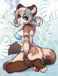 4_toes 5_fingers anthro blue_eyes breasts brown_body brown_fur brown_tail clothed clothed_anthro clothed_female clothing feet female fingers fur hair inner_ear_fluff looking_at_viewer pawpads paws side_boob solo tail toes tuft white_hair coffeechicken mammal procyonid raccoon 2025 digital_media_(artwork) hi_res